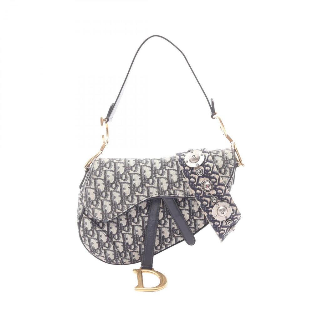 Christian Dior Saddle Bag Oblique Handbag Canvas Leather Beige Navy Blue